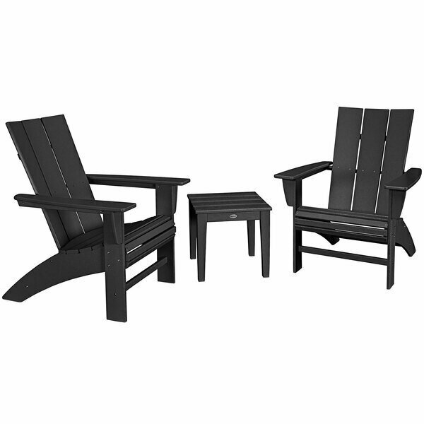 Polywood Modern Black 3-Piece Curveback Adirondack Chair Set with Newport Table 633PWS4201BL